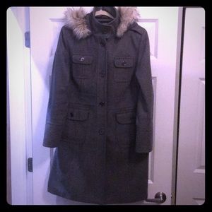 Long grey wool coat with fur trimmed hood